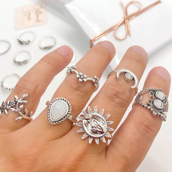 Boho Stacking Rings Set of 14 Vintage Bohemian Silver Ring Set - Picture 1 of 8